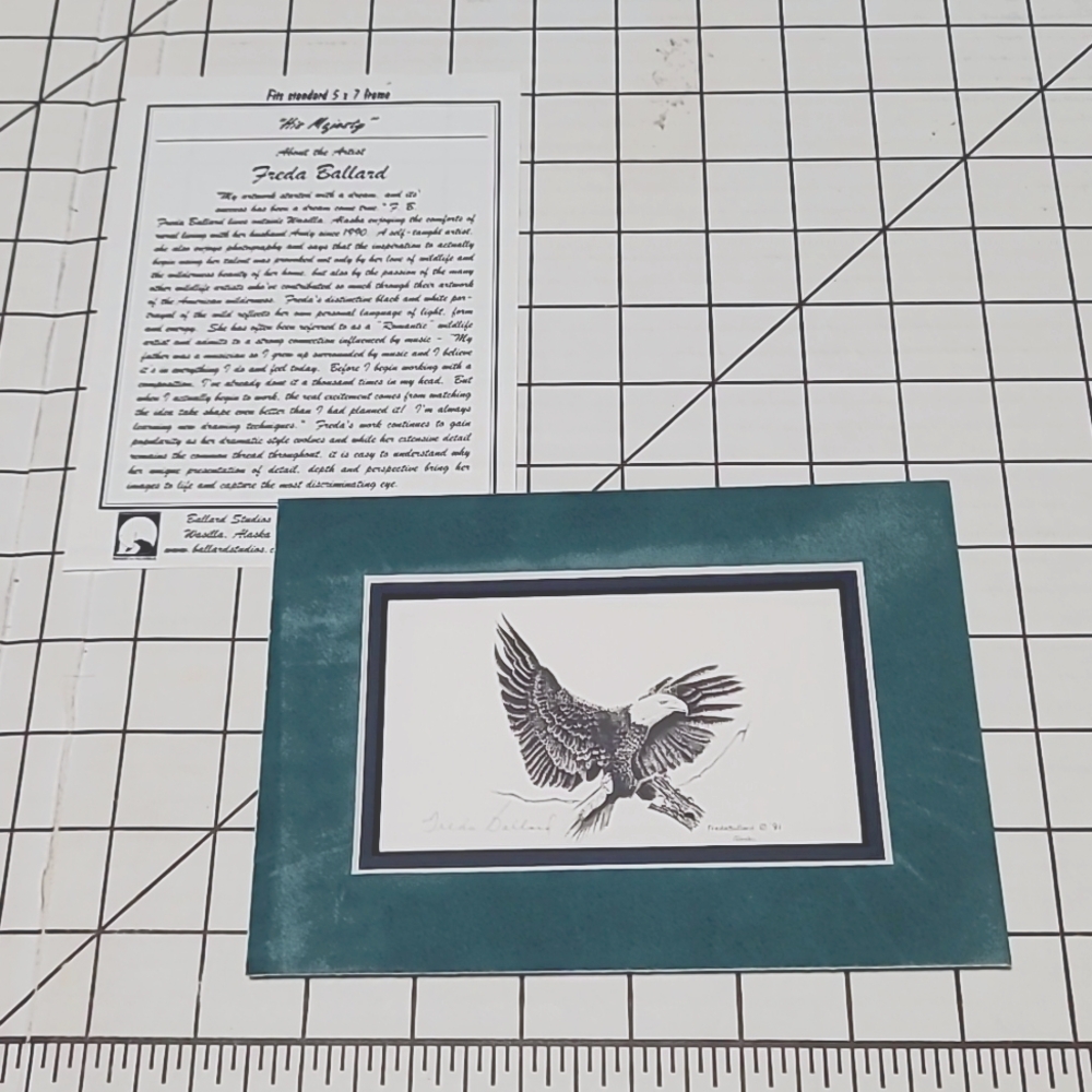 Freda Ballard "His Majesty" Black and White Drawing of Eagle in Alaska